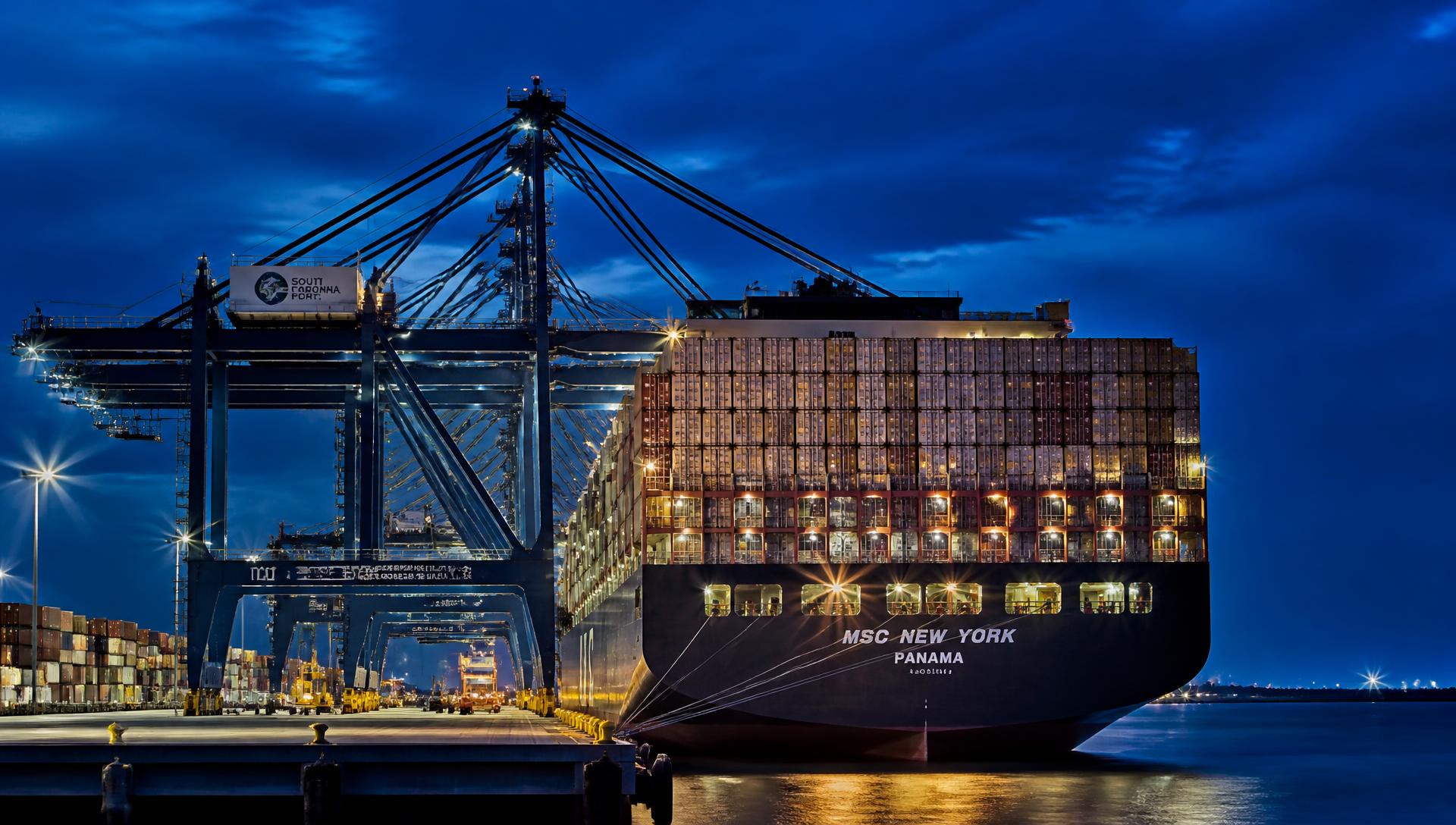 Container vessel berthed at a modern port terminal under gantry cranes at blue hour